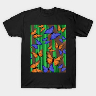 Blue and Orange Butterflies with Abstract Trees and Grass T-Shirt